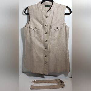 Embassy Row Pure Linen Beige  Button-Up Vest with Belt Size M